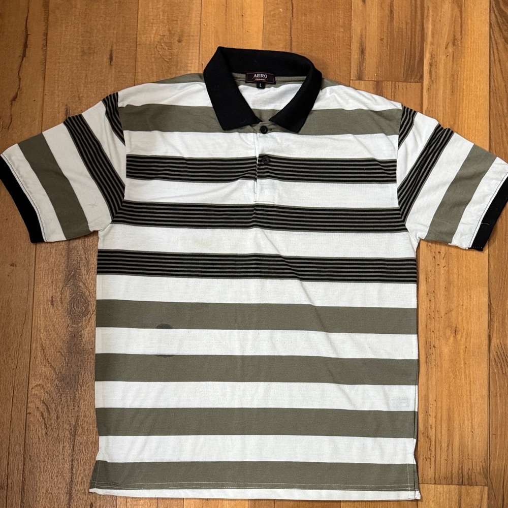 Men's Striped Polo Shirt - Black, White, and Gray by Aero